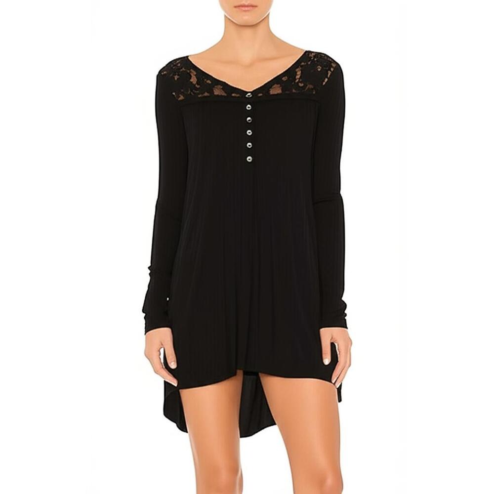 NWT Free People Womens M Black Net Lace Henley Long Sleeve Tunic Boho